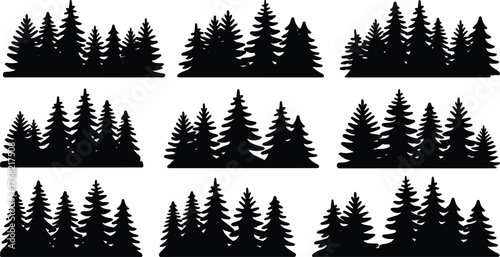 Evergreen tree silhouettes, pine forest icons, conifer shapes, nature graphic elements, fir tree symbols, black vector trees, woodland illustration set