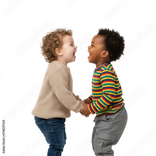 Two adorable toddler friends laughing and holding hands sharing a joyful moment of connection