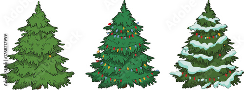Evergreen tree, winter season, festive lights, snow-covered branches, holiday decoration, nature scene, Christmas vibe, seasonal illustration, pine forest, celebration