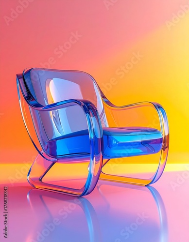 A modern transparent blue armchair made of acrylic or glass, set against a vibrant pink, orange, and yellow gradient studio background.