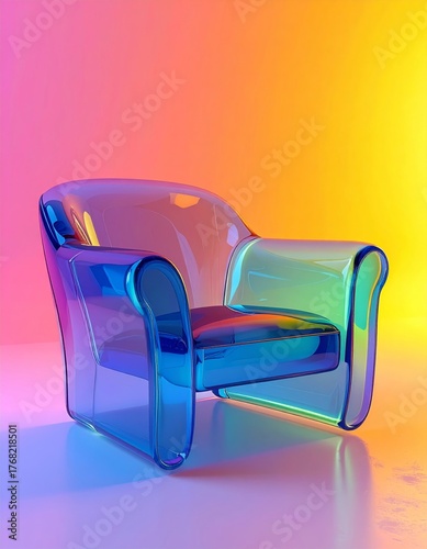 A modern transparent blue armchair made of acrylic or glass, set against a vibrant pink, orange, and yellow gradient studio background.
