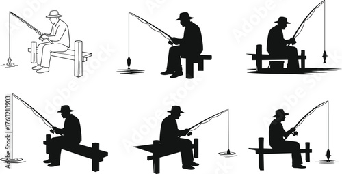 Fishing silhouette illustration, peaceful outdoor activity, man fishing on dock, relaxing nature scene, black and white vector, leisure lifestyle concept
