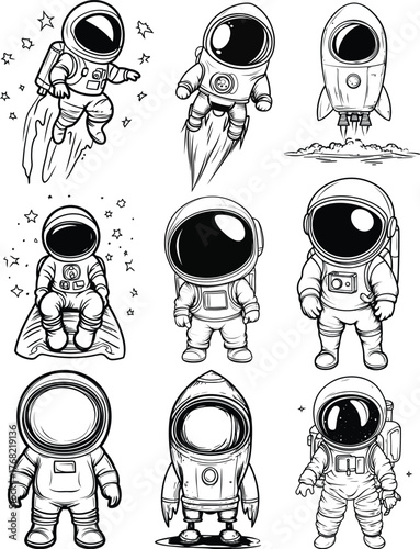 Astronaut Rocket Set Silhouette Illustration Vector