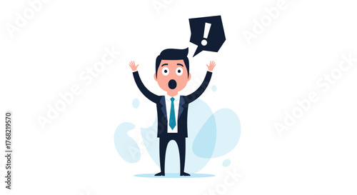 Surprised businessman with exclamation mark in speech bubble expressing shock or excitement.