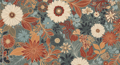 A vintage floral pattern with flowers in warm autumnal colors on a muted teal background.