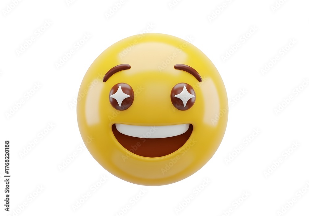 Fototapeta premium Excited 3d emoji face with sparkling star eyes and wide open mouth expressing joy and enthusiasm isolated on white background