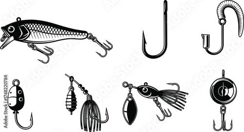 Fishing lures, hooks, jig head, spoon lure, spinnerbait, treble hook, bobber, bait, tackle, angling gear, freshwater, saltwater, realistic, detailed, equipment