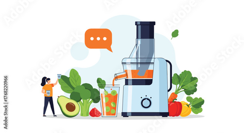 Illustration of a person making fresh juice with a juicer and an assortment of fruits and vegetables.