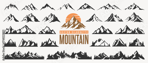 Collection of mountain silhouette, nature background or landscape symbol, hiking hill peak icon and summer or winter forest camping logo. Mountain line art idea with christmas tree for travel business