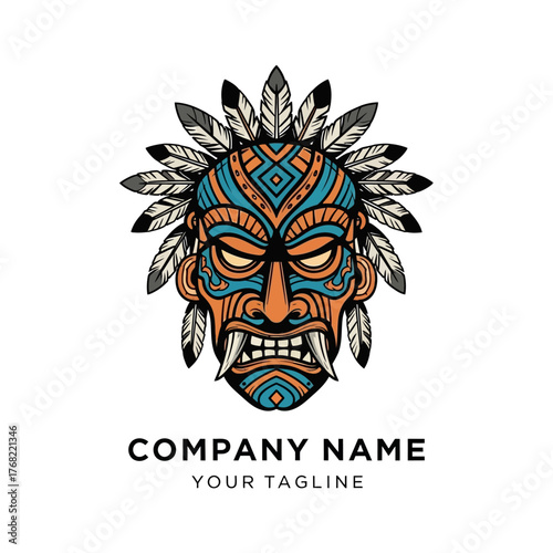 A vibrant tribal mask with intricate patterns and feathers, symbolizing cultural heritage and power.