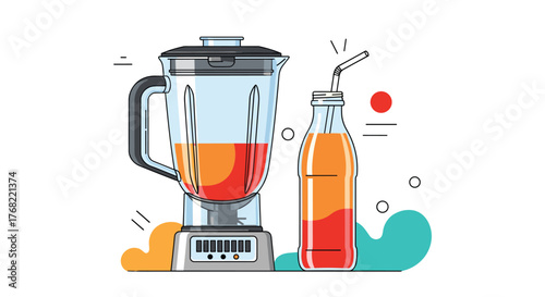 Illustration of a blender with orange juice and a bottle of juice with a straw.