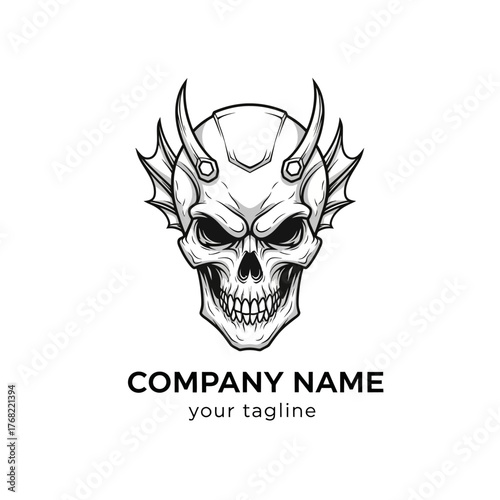 Intricate black and white illustration of a demonic skull with horns and detailed features.