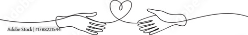 Continuous one line drawing of two hands reaching to form a heart shape, minimalist love and connection concept on white background