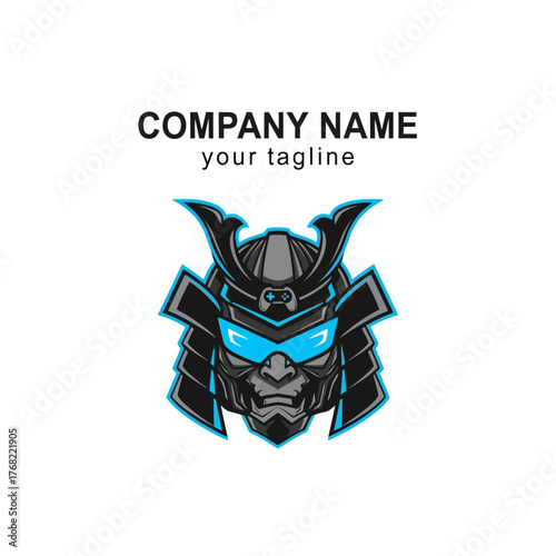 Stylized samurai helmet logo with blue cybernetic visor and black armor design.