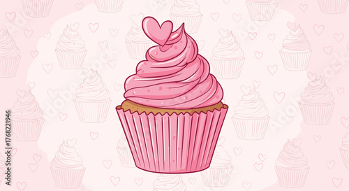 A pink cupcake with frosting and a heart on top is displayed on a pastel pink background with faint heart and cupcake graphics.