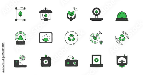 Digital eco innovation icon set featuring modern technology elements such as monitors, laptops, sensors, and recycling symbols representing green energy, smart efficiency, and environmental awareness.