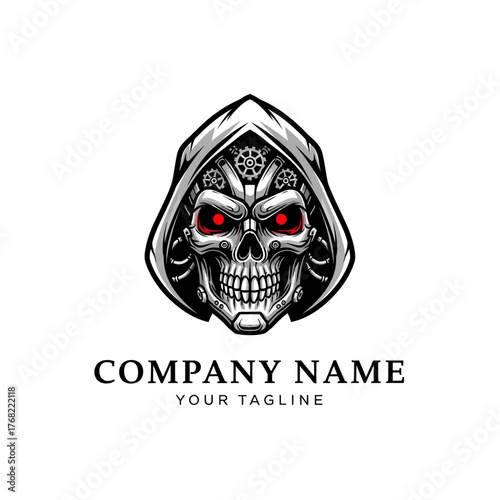 A menacing skull with glowing red eyes and mechanical gears, wearing a hooded cloak, suitable for a gaming or tech company logo.