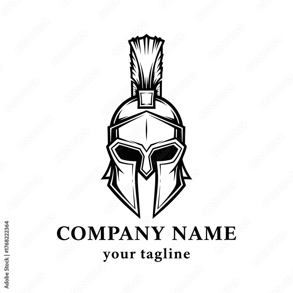 Fototapeta premium Black and white illustration of a Spartan helmet with a feathered crest, perfect for logos.