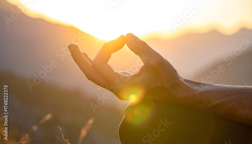 Hands performing a Loving Kindness Meditation (Mudra), focusing on the hands placed on the heart chakra. Gentle sunlight, shallow depth of field.