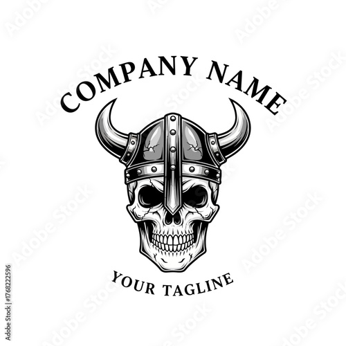 A detailed black and white illustration of a skull wearing a horned Viking helmet, with "COMPANY NAME" above and "YOUR TAGLINE" below.