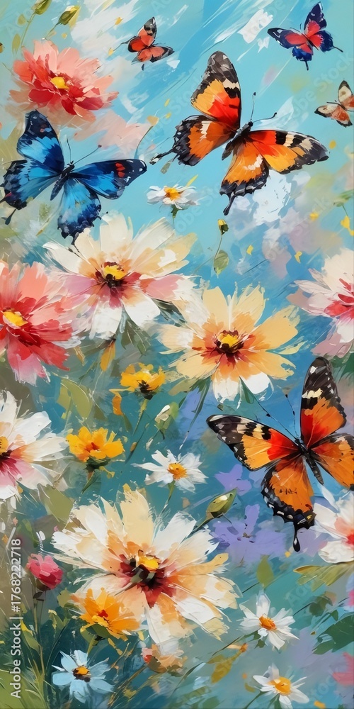 Fototapeta premium Vibrant painting of butterflies fluttering among colorful blooming flowers, capturing the essence of spring and nature. Perfect for decorative, marketing, and nature-inspired designs
