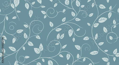 Seamless pattern of light blue vines and leaves on a muted teal background.
