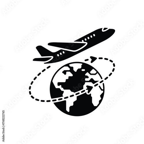 Airplane Flying Above World with Dotted Route on a Transparent Background Design