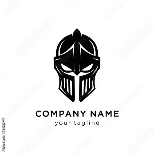 Monochromatic stylized knight helmet logo design, featuring a strong and iconic warrior's headgear, suitable for various brands.