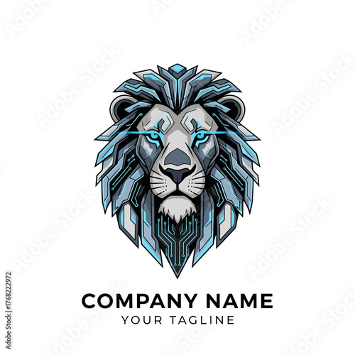 Digital lion head logo with a futuristic design, featuring glowing eyes and circuit board details.