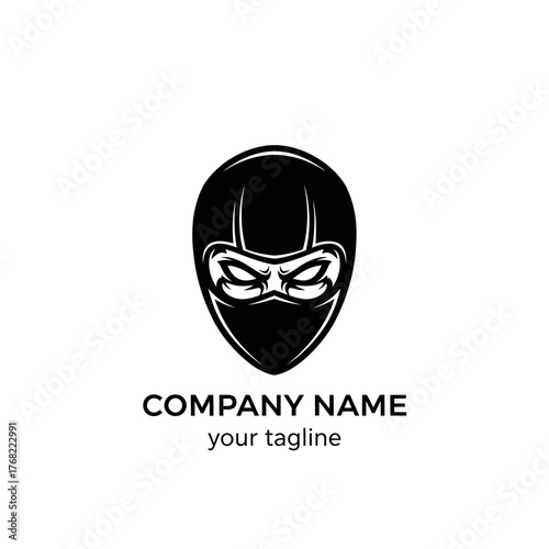 Ninja logo with masked face and intense eyes in black and white.
