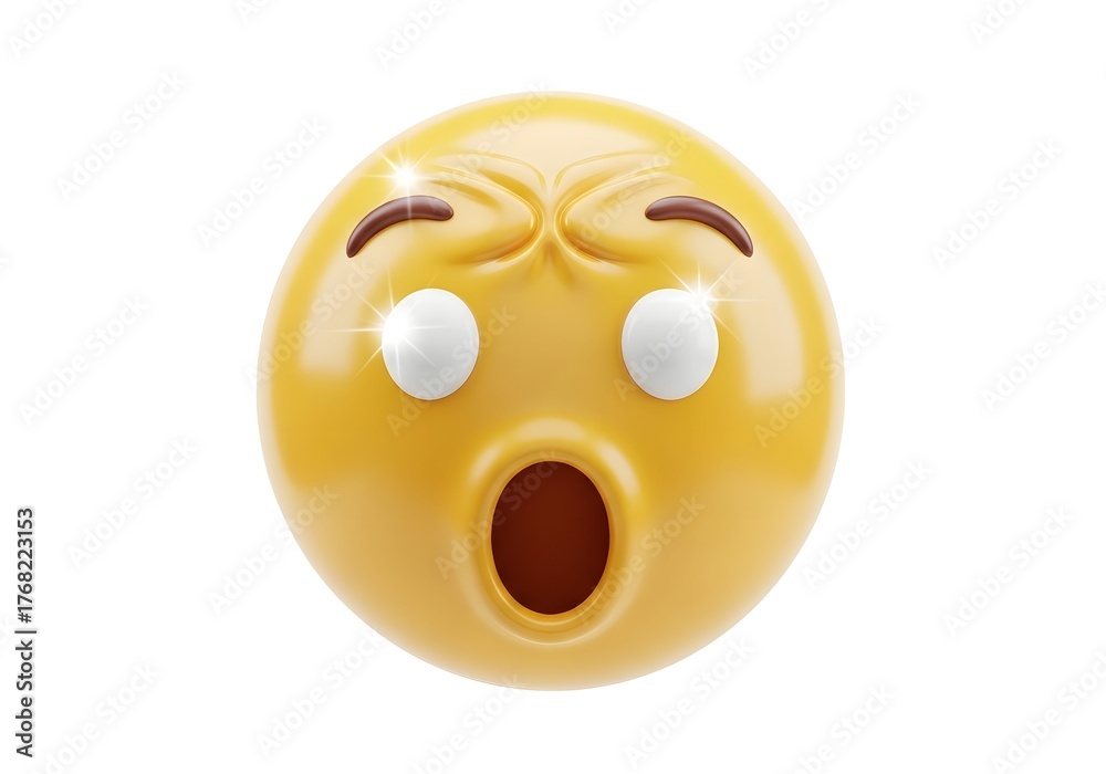 Fototapeta premium Close up of a bright yellow emoji face with wide open mouth and surprised expression on a white background