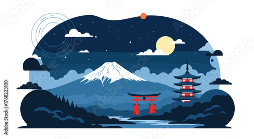 Stylized illustration of Mount Fuji, a torii gate, and a pagoda under a starry night sky.