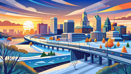 Very beautiful, sunrise over Hartford city skyline and historic landmark buildings along Interstate I-91, viewed from Charter Oak Landing on the Connecticut River, USA, showcasing a snow-covered winte