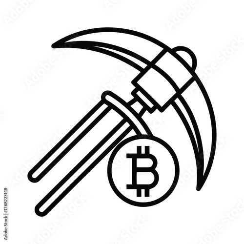 Bitcoin mining pickaxe icon with black outline on white background
