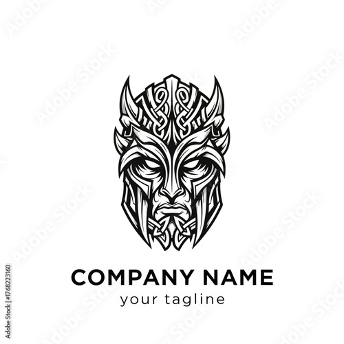 Black and white vector logo of a fierce Viking warrior head with an ornate horned helmet and Celtic knot details.