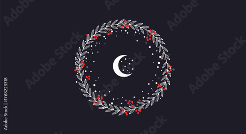 Whimsical wreath with moon and stars on a dark night background, evoking winter charm.