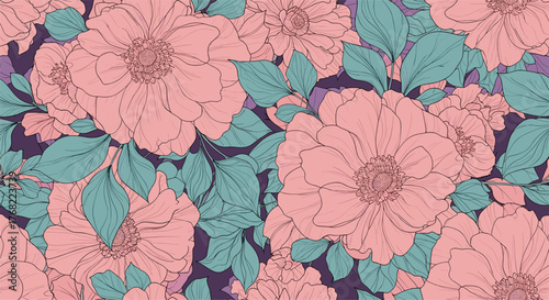 Seamless pattern of delicate pink and teal flowers with dark purple background.