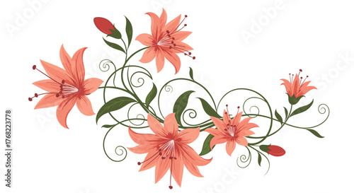 Elegant floral arrangement with blooming orange lilies and green vines on a white background.