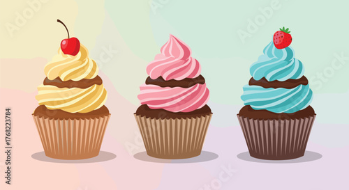 Three colorful cartoon cupcakes with frosting and toppings on a pastel background.