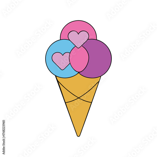 Ice cream cone with hearts instead of scoops, Minimal Realistic Colorful Vector,  white background.