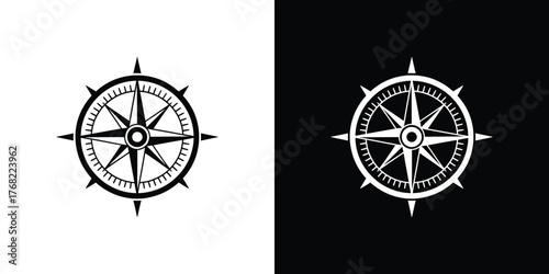 Isolated Compass Rose Icon, Nautical Navigation Symbol, Black and White Elements