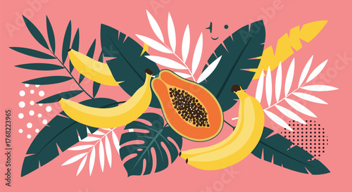 Tropical fruit arrangement with bananas and papaya amidst lush green and white leaves.