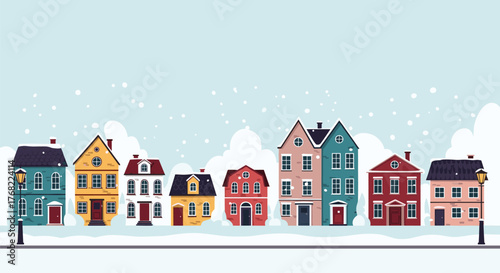 A row of colorful houses on a snowy winter day with falling snowflakes.