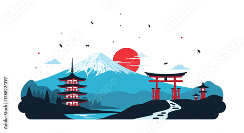 Japanese landscape with a pagoda, torii gates and Mount Fuji at sunrise.