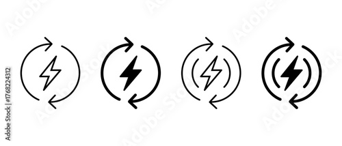 Energy cycle icon set. Lightning bolt with circular arrow symbol