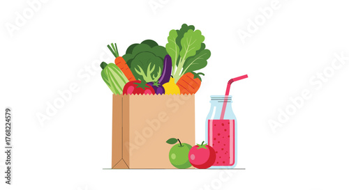 A brown paper bag filled with fresh vegetables and a bottle of red juice sits on a white background.
