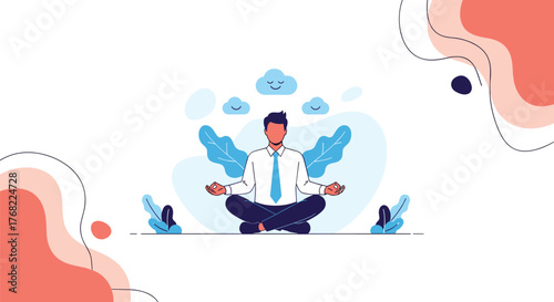Man in business attire meditating peacefully with eyes closed and hands in lotus position.