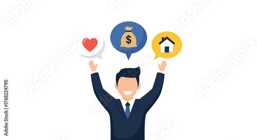 Happy businessman with arms raised, contemplating symbols of love, money, and home.