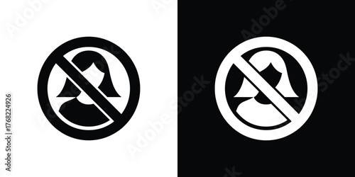 No Women Allowed Symbol, Prohibited Round Sign with Female Silhouette, Black and White