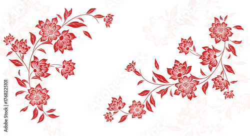 Decorative red floral branches with subtle white floral background patterns.